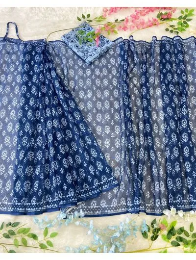 1 Min Blue Linen Cotton Digital Print Stitched Readymade Sari