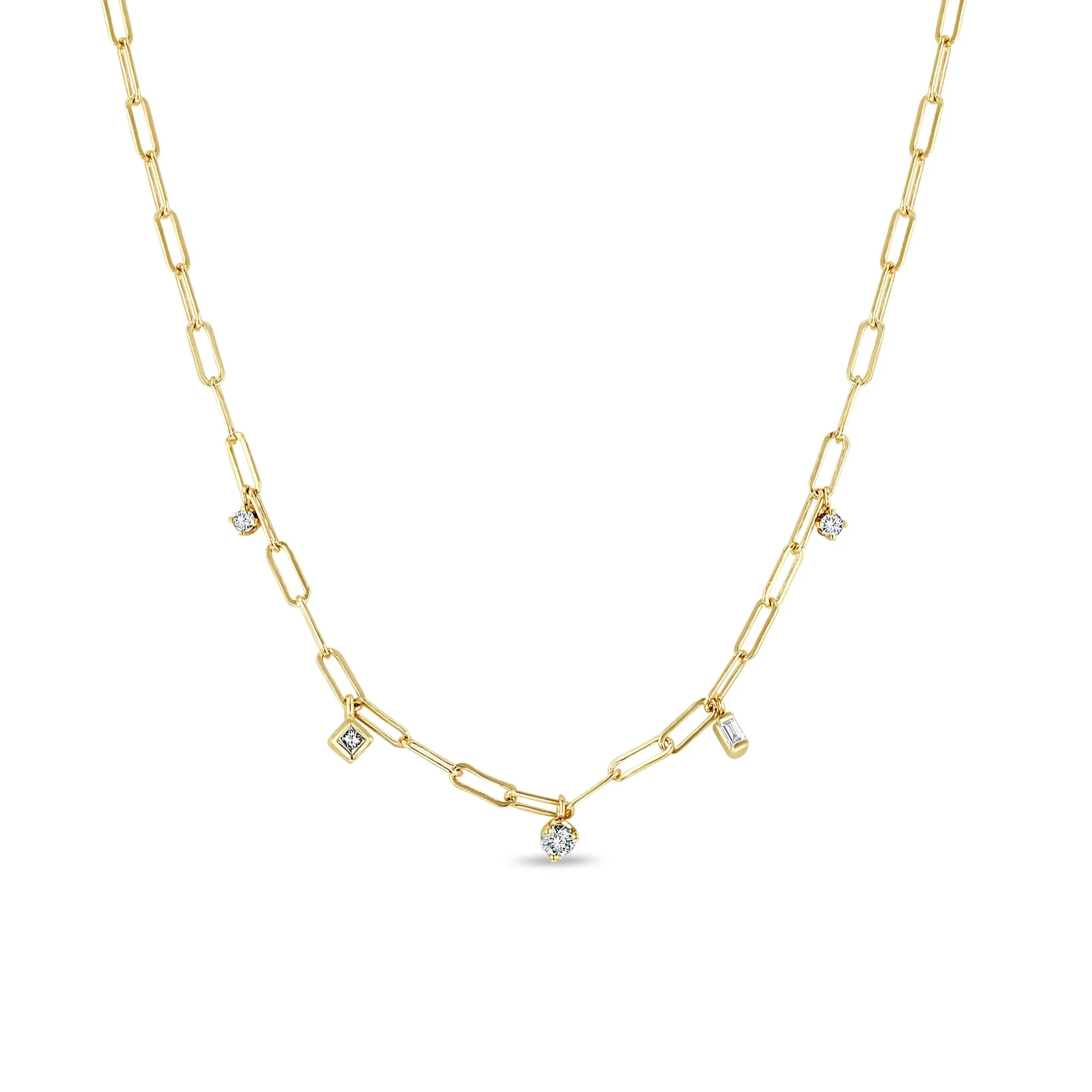 14k 5 Dangling Mixed Diamond Small Paperclip Chain Necklace