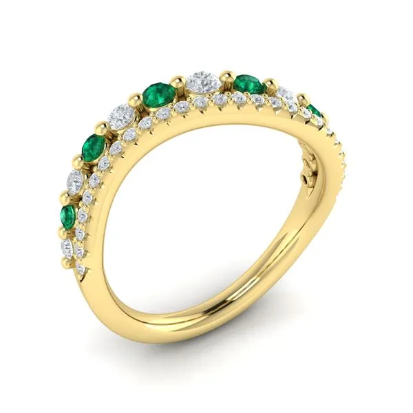 14K YELLOW GOLD 2-ROW WAVY DIAMOND AND EMERALD RING