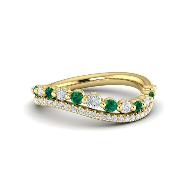 14K YELLOW GOLD 2-ROW WAVY DIAMOND AND EMERALD RING