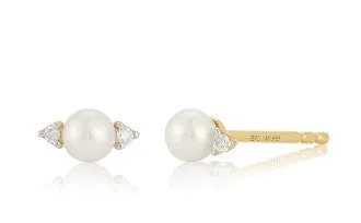 14K Yellow Gold Diamond And Pearl Stud Earrings