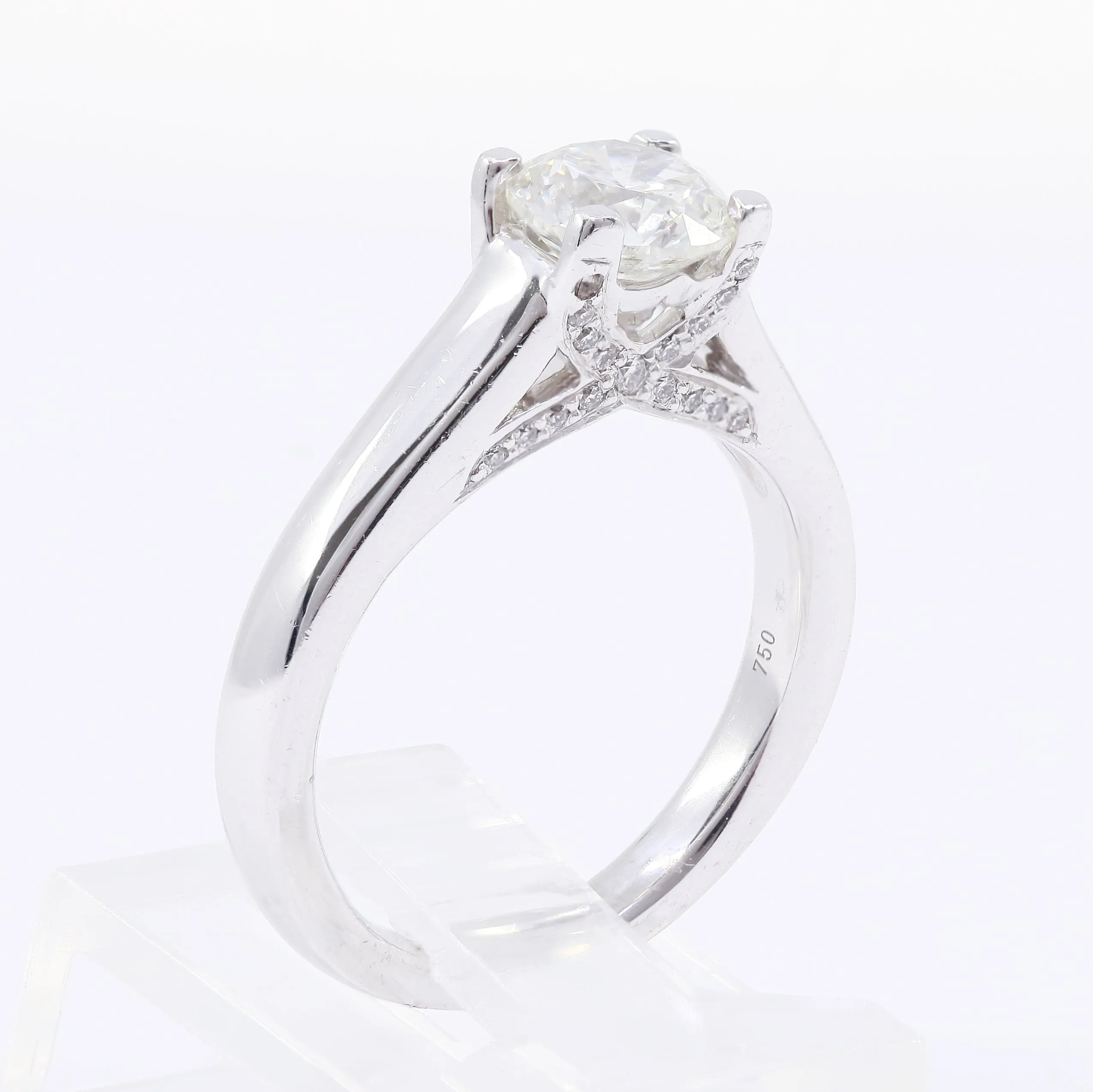 18K White Gold 1.20ct Round Brilliant Cut Diamond Engagement Ring With Under Gallery Accents