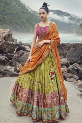 310018-RO Green-Pink Embroidered Lehenga Choli with Dupatta