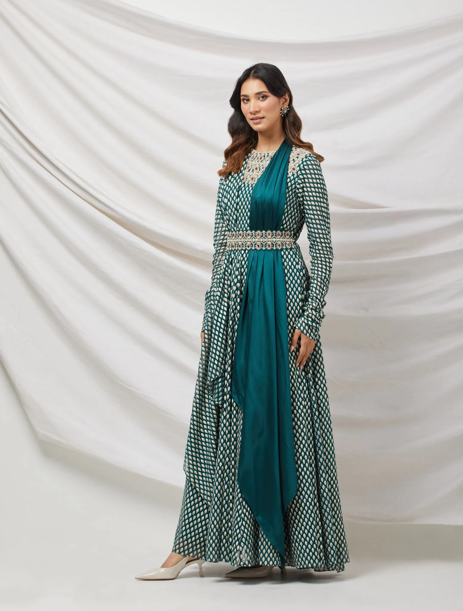 50Z882-RO Green Embroidered Anarkali Set with Belt