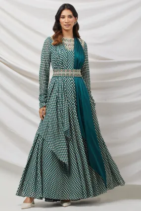 50Z882-RO Green Embroidered Anarkali Set with Belt