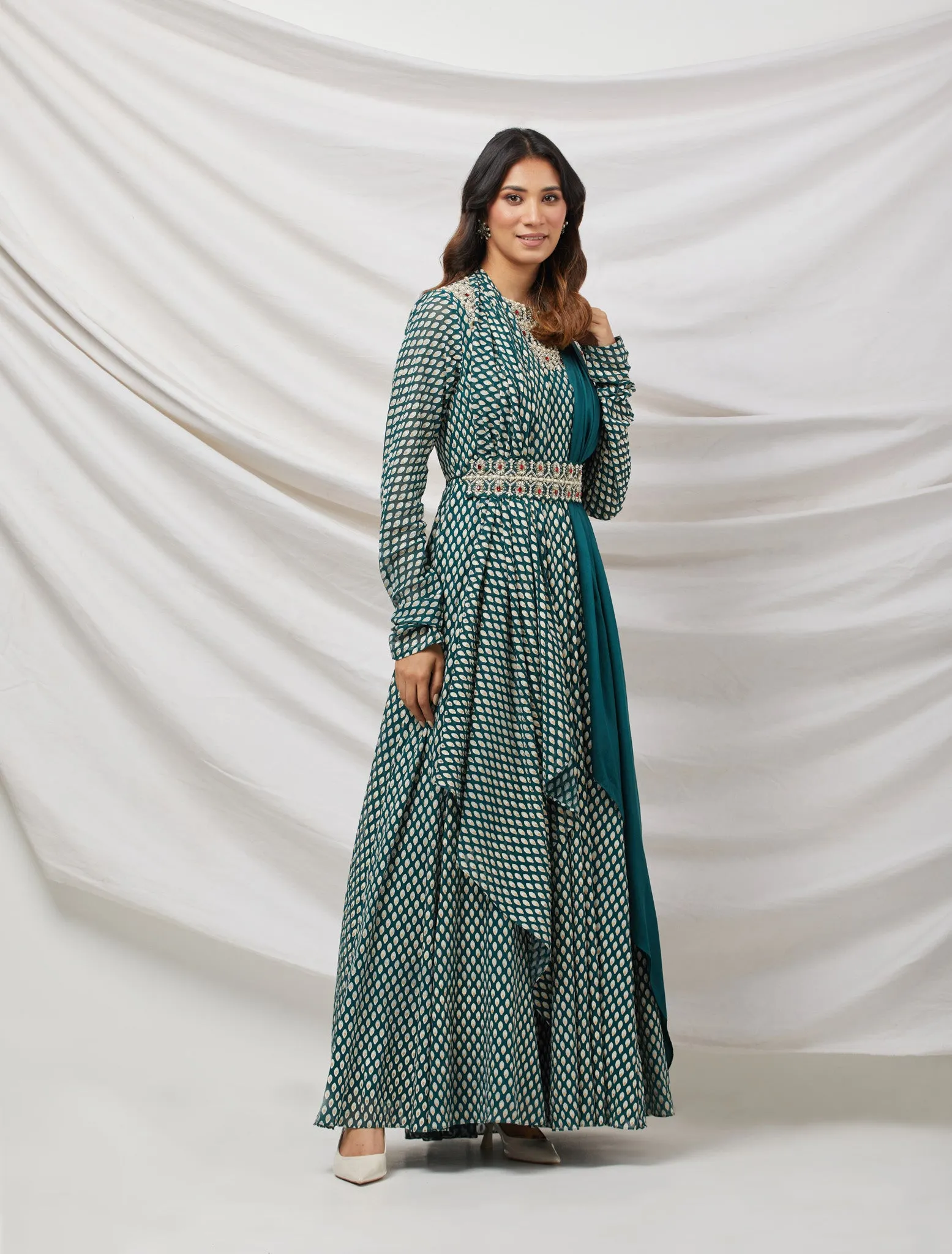 50Z882-RO Green Embroidered Anarkali Set with Belt