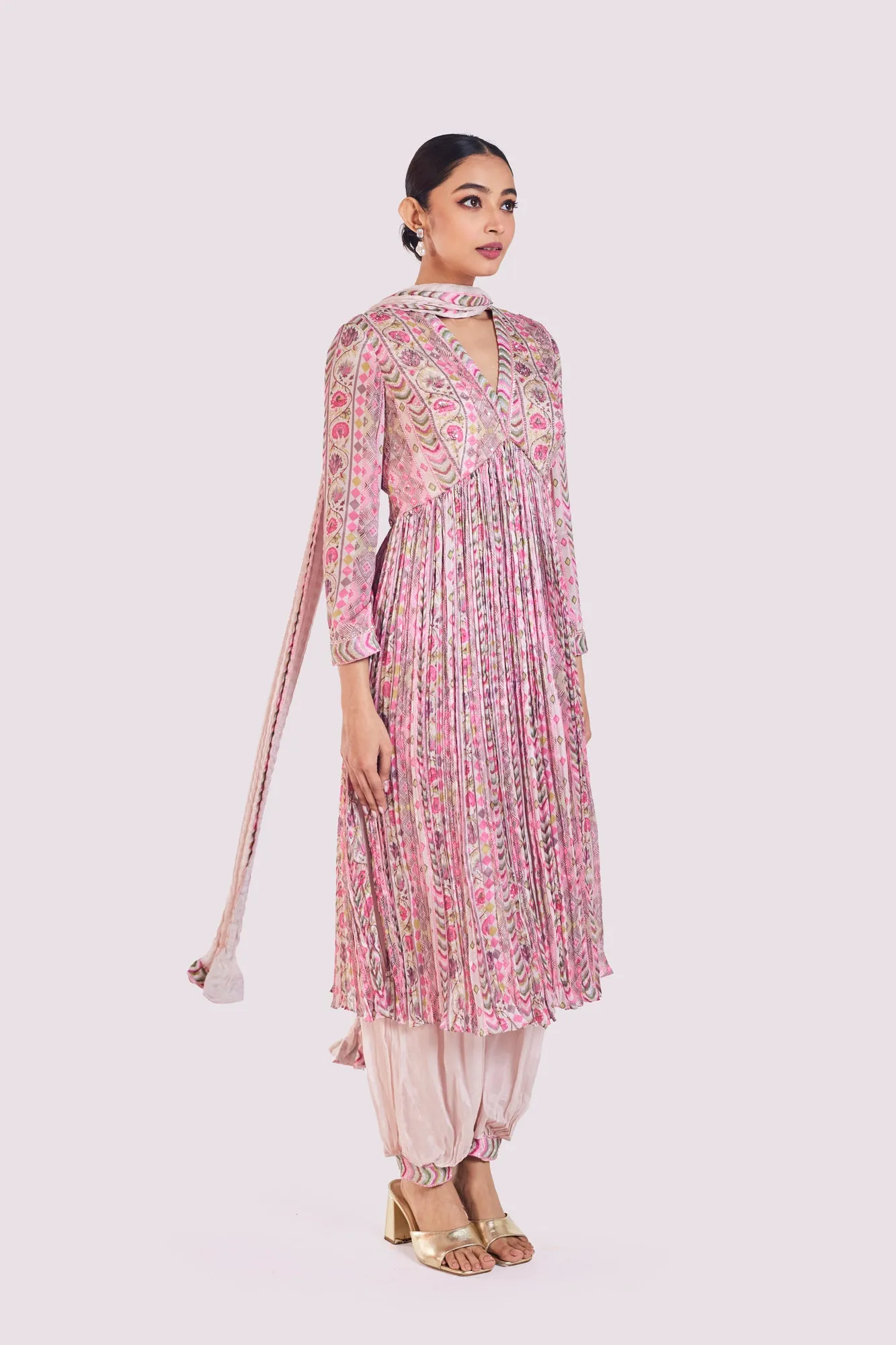 50Z908-RO Beige Printed Chiffon Salwar Suit with Dupatta