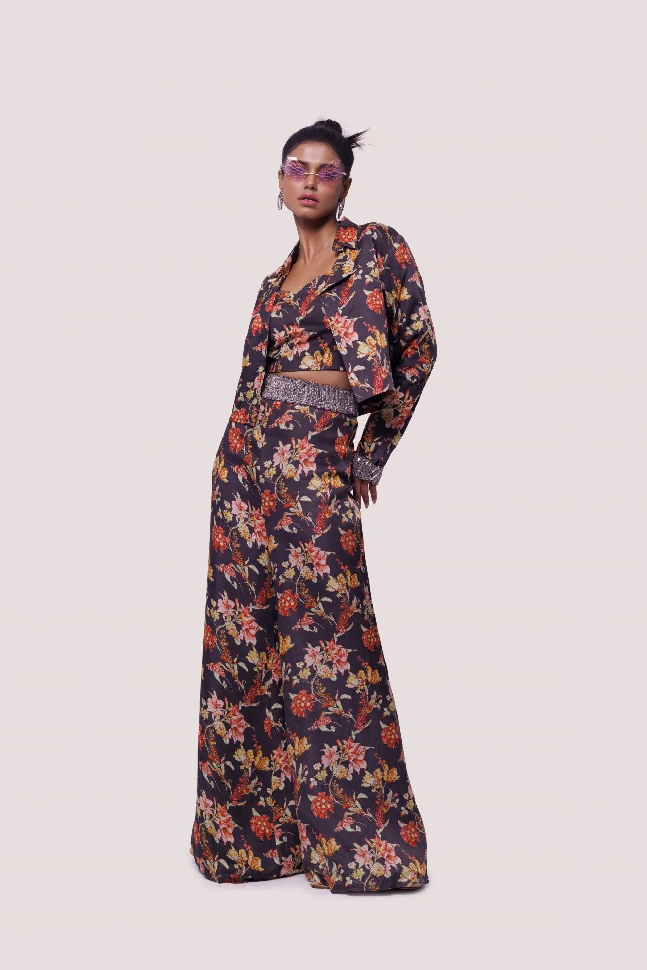 50Z982-RO Brown Multicolor Floral Satin Pant Suit with Jacket