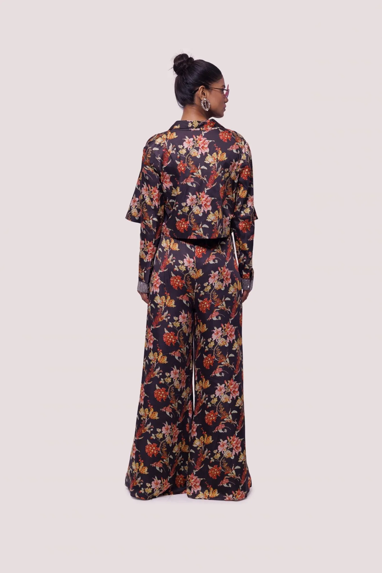 50Z982-RO Brown Multicolor Floral Satin Pant Suit with Jacket