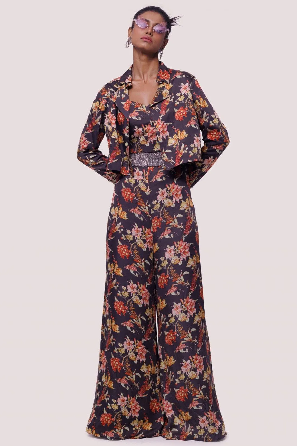 50Z982-RO Brown Multicolor Floral Satin Pant Suit with Jacket