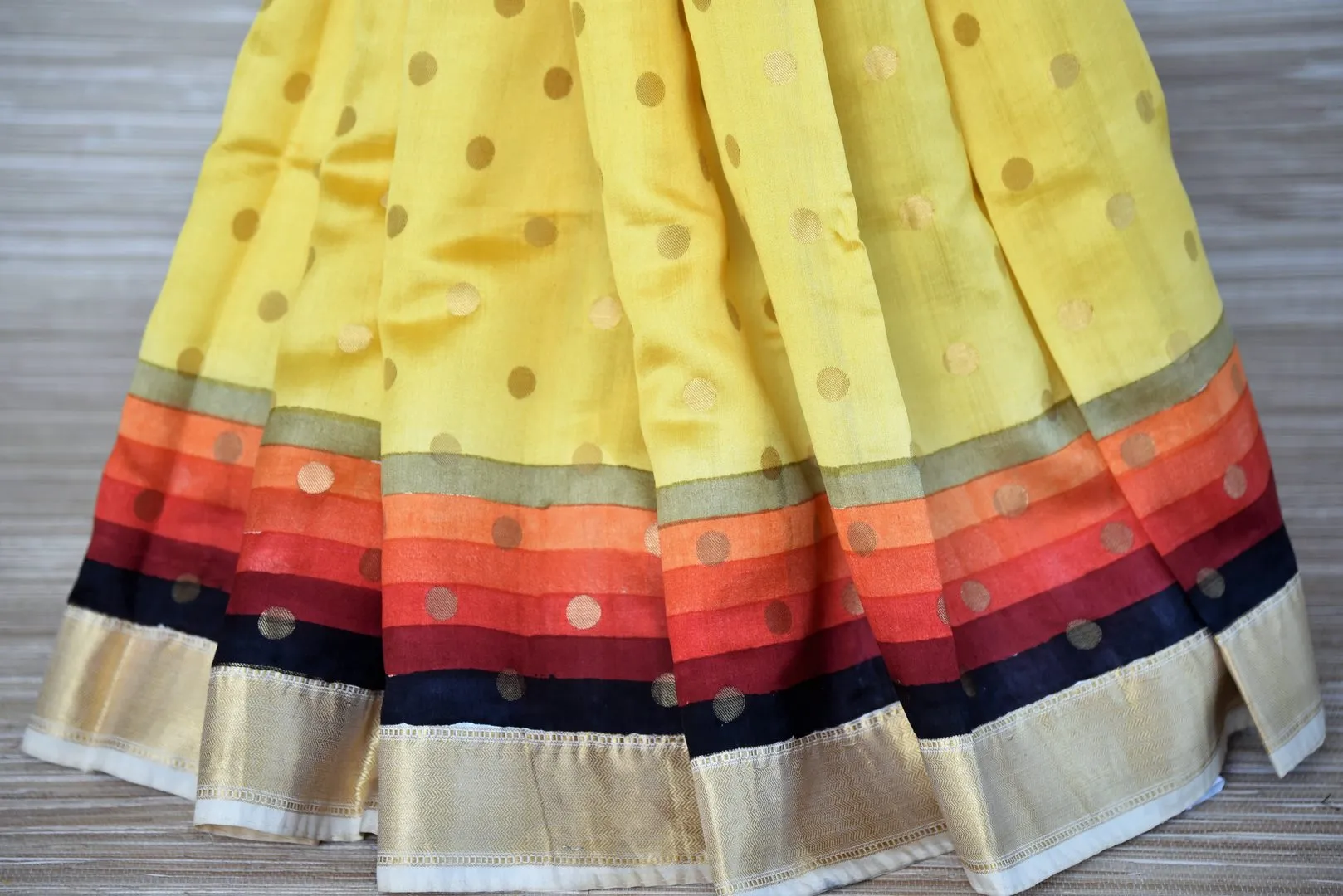 90I499-RO Yellow Zari Buta Muga Silk Sari with MultiColor Zari Border