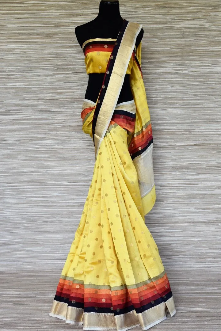 90I499-RO Yellow Zari Buta Muga Silk Sari with MultiColor Zari Border