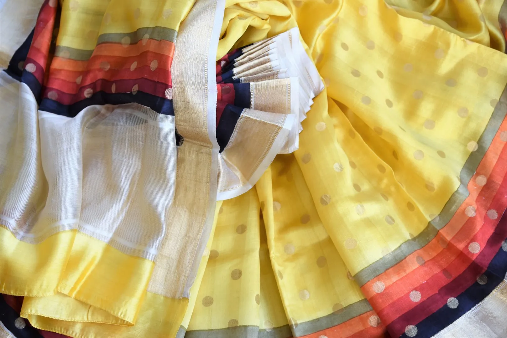 90I499-RO Yellow Zari Buta Muga Silk Sari with MultiColor Zari Border