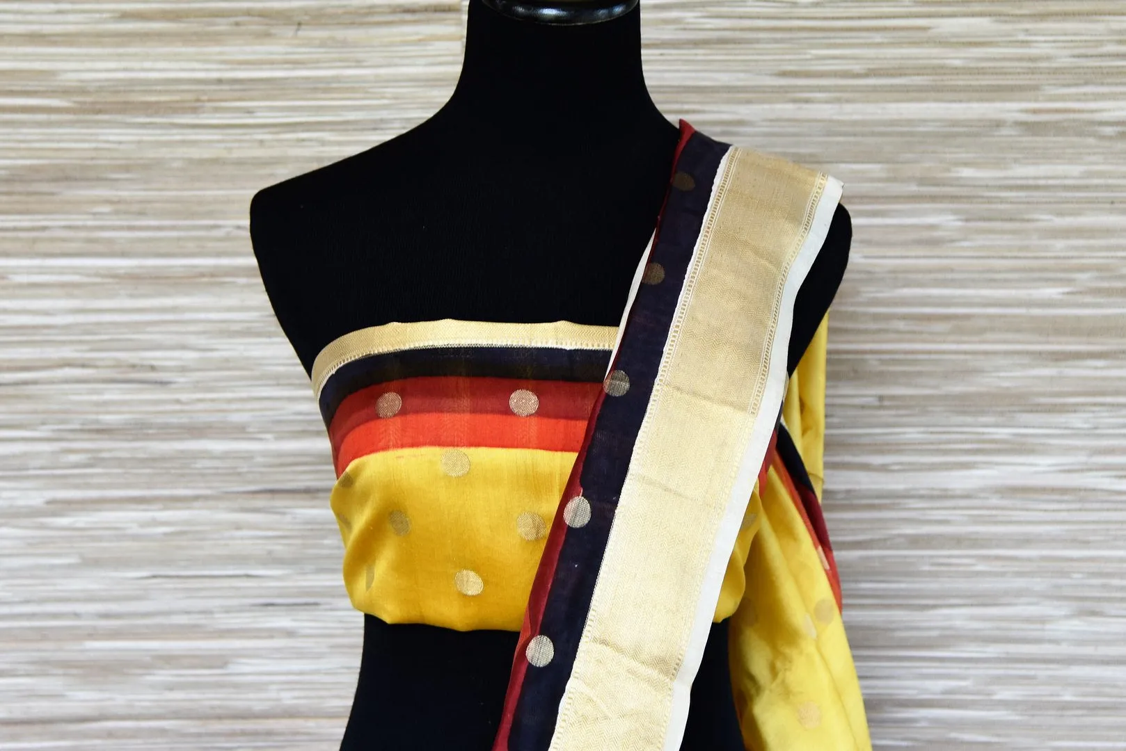 90I499-RO Yellow Zari Buta Muga Silk Sari with MultiColor Zari Border