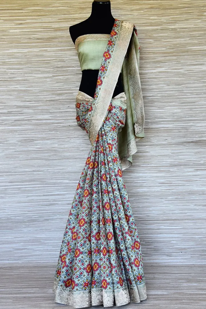 90I695-RO Sage Green Printed Tussar Silk Saree with Banarasi Border