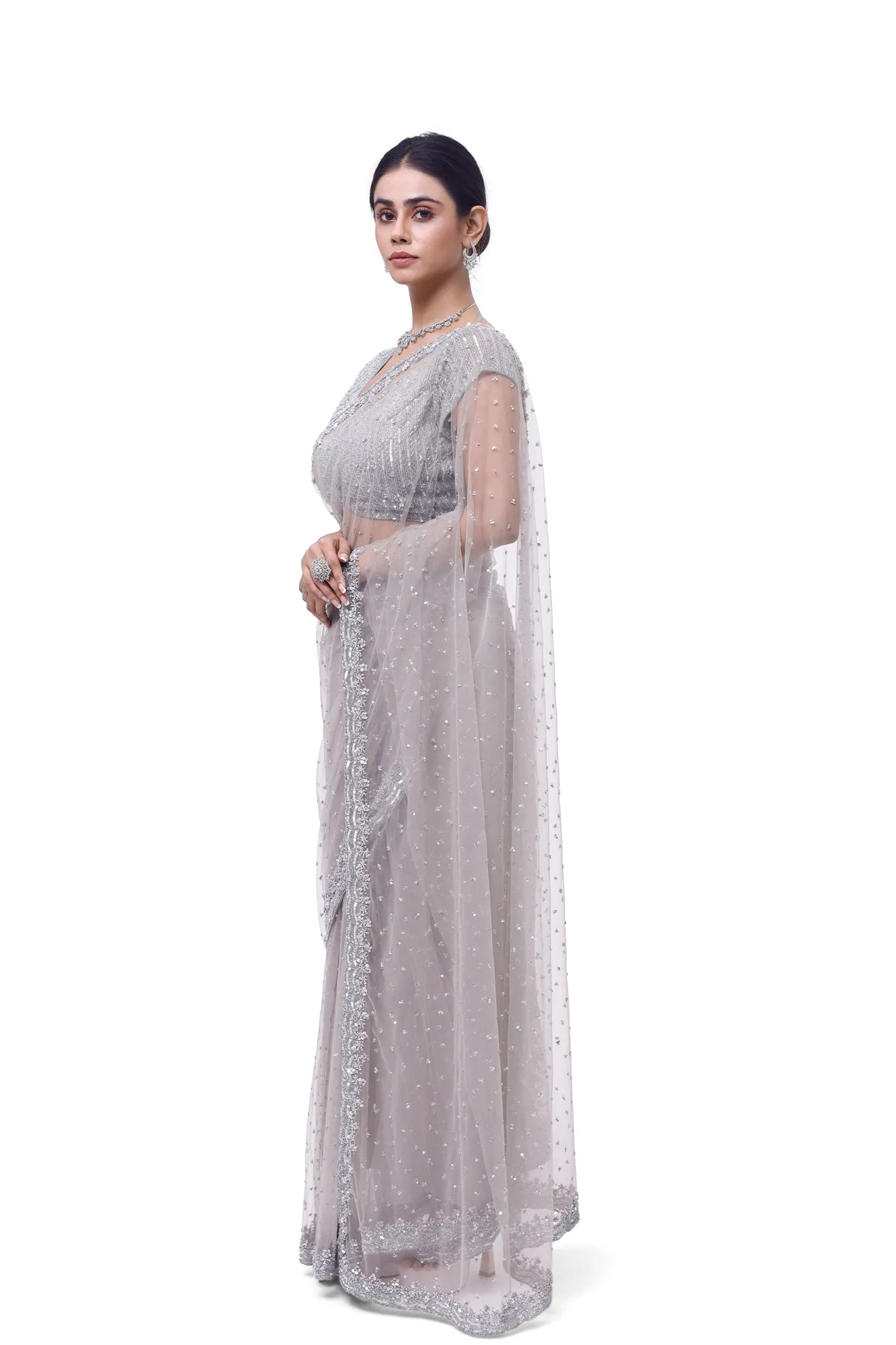 90Y039-RO Light Grey Embroidered Net Saree with Blouse