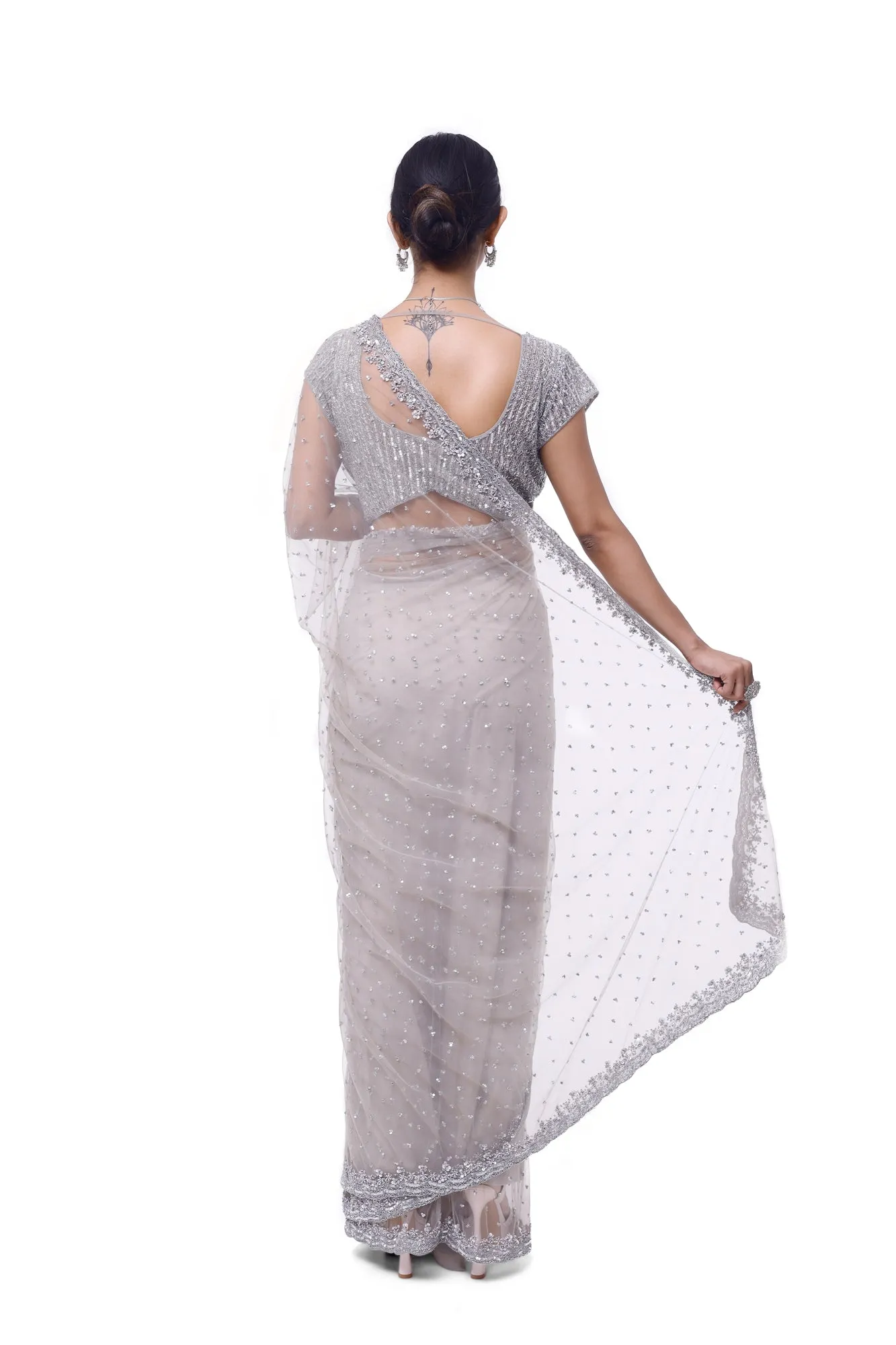 90Y039-RO Light Grey Embroidered Net Saree with Blouse