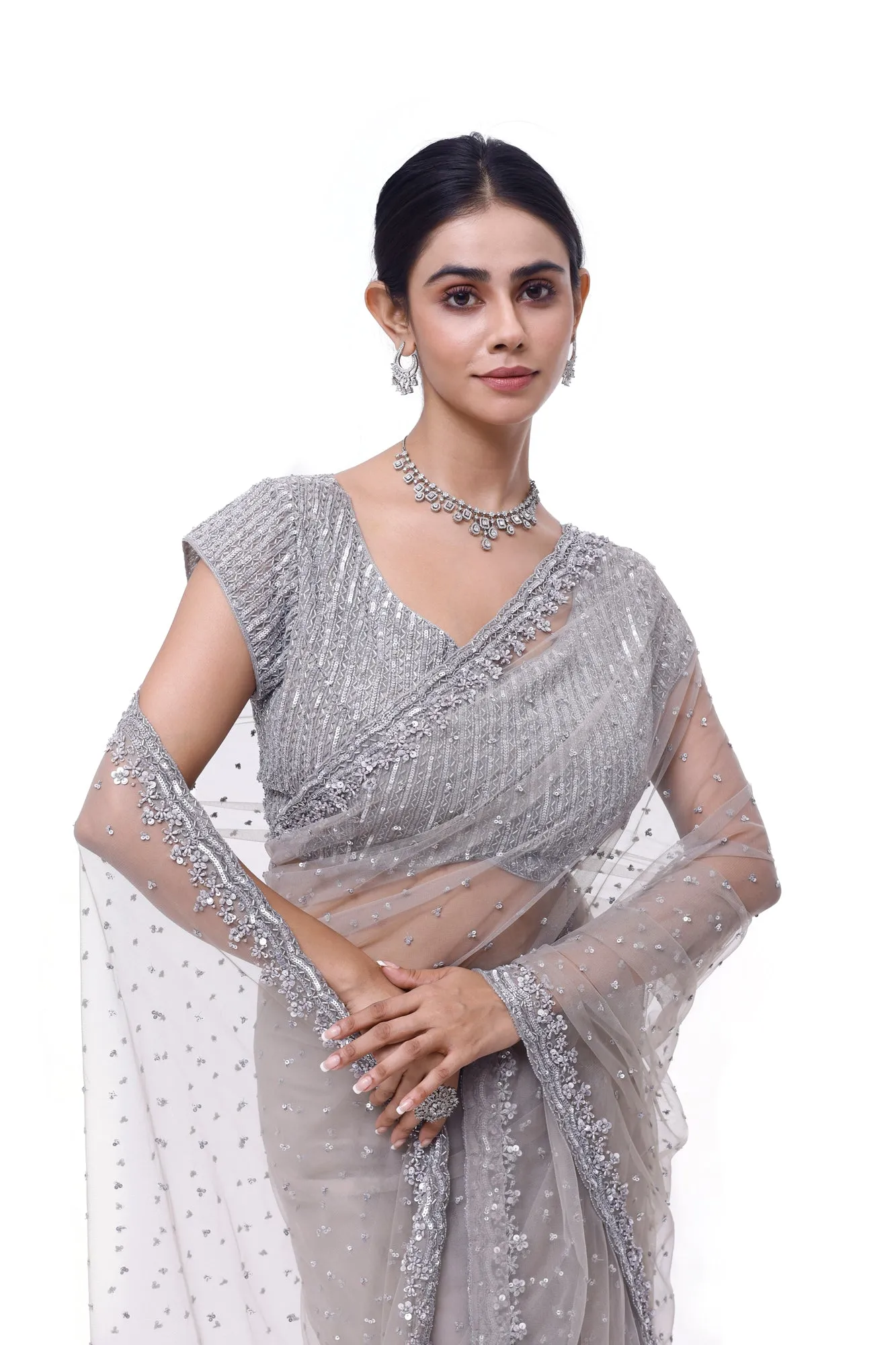 90Y039-RO Light Grey Embroidered Net Saree with Blouse