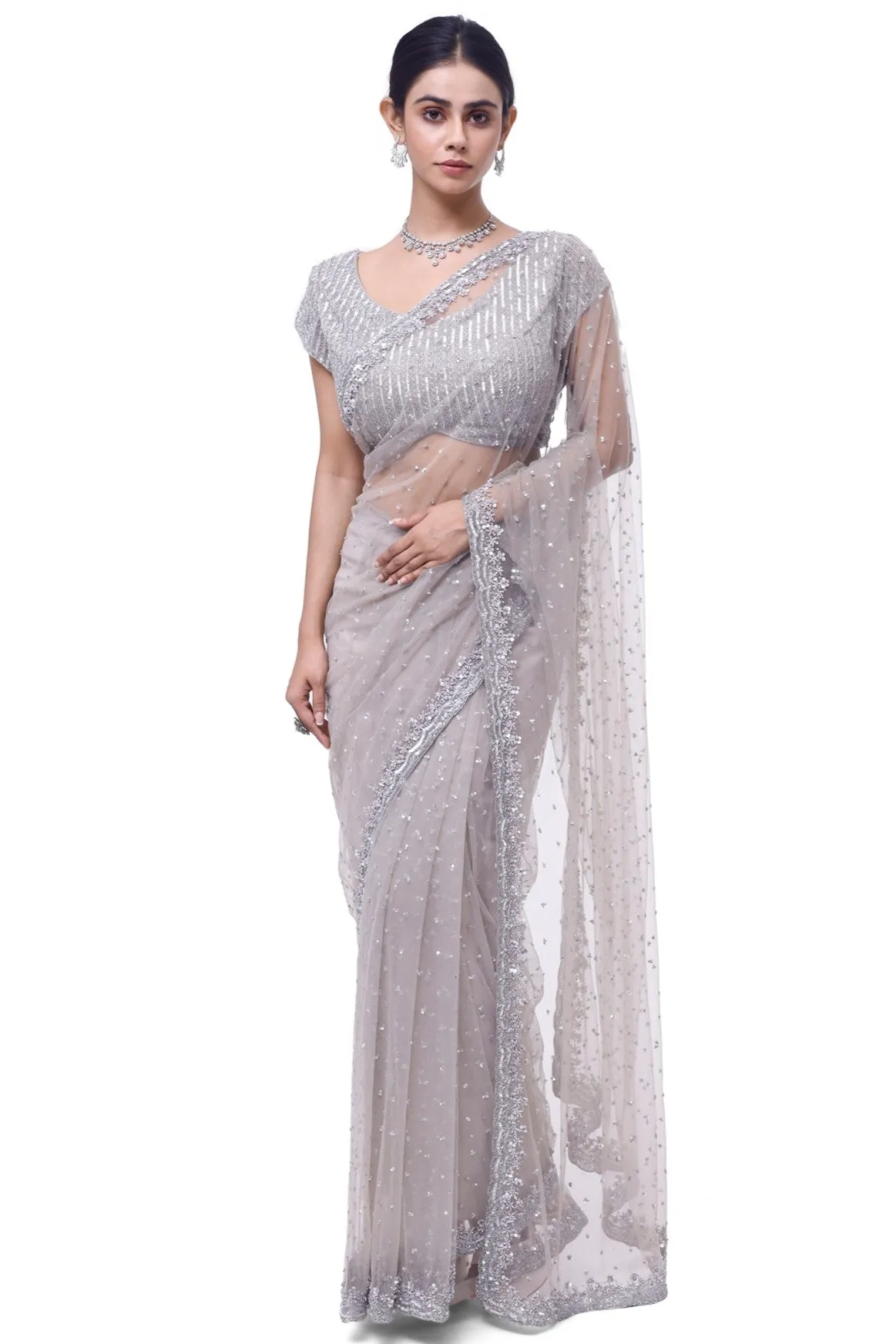 90Y039-RO Light Grey Embroidered Net Saree with Blouse