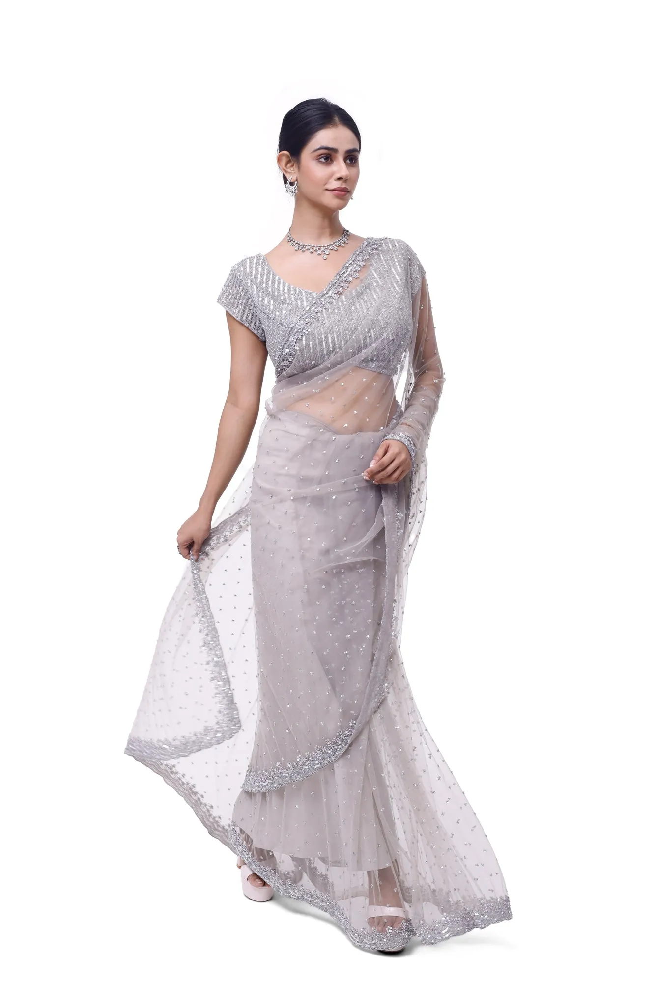 90Y039-RO Light Grey Embroidered Net Saree with Blouse