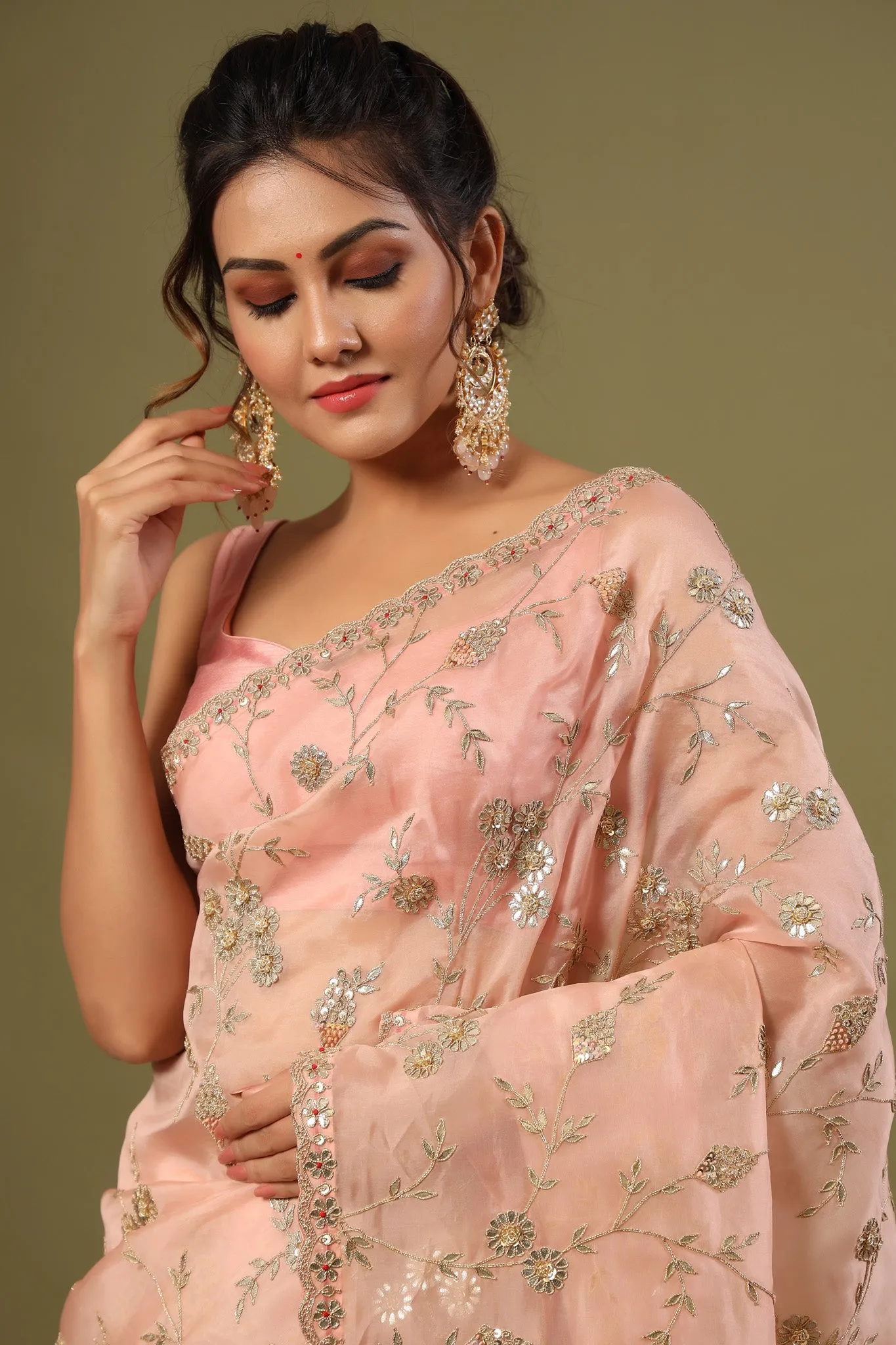 90Z482-RO Dusty Pink Embroidered Organza Saree