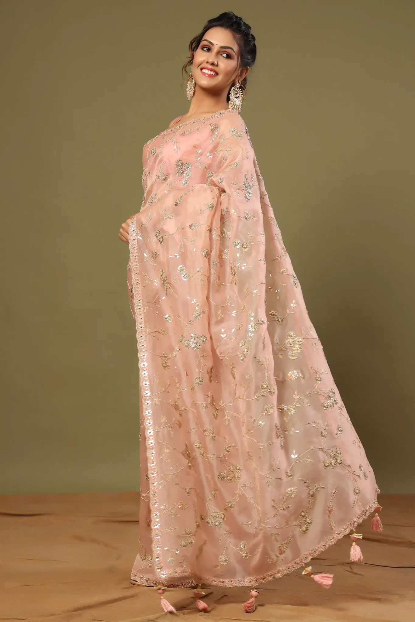 90Z482-RO Dusty Pink Embroidered Organza Saree