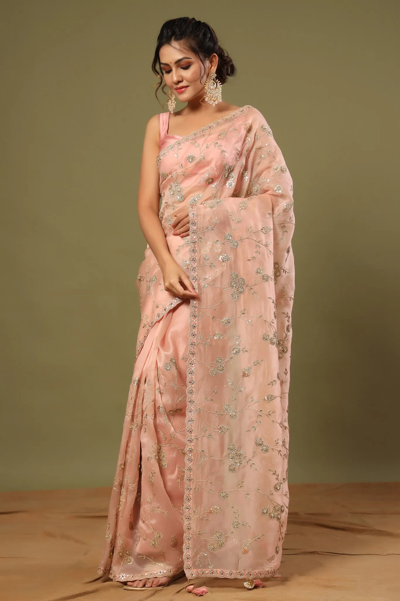 90Z482-RO Dusty Pink Embroidered Organza Saree