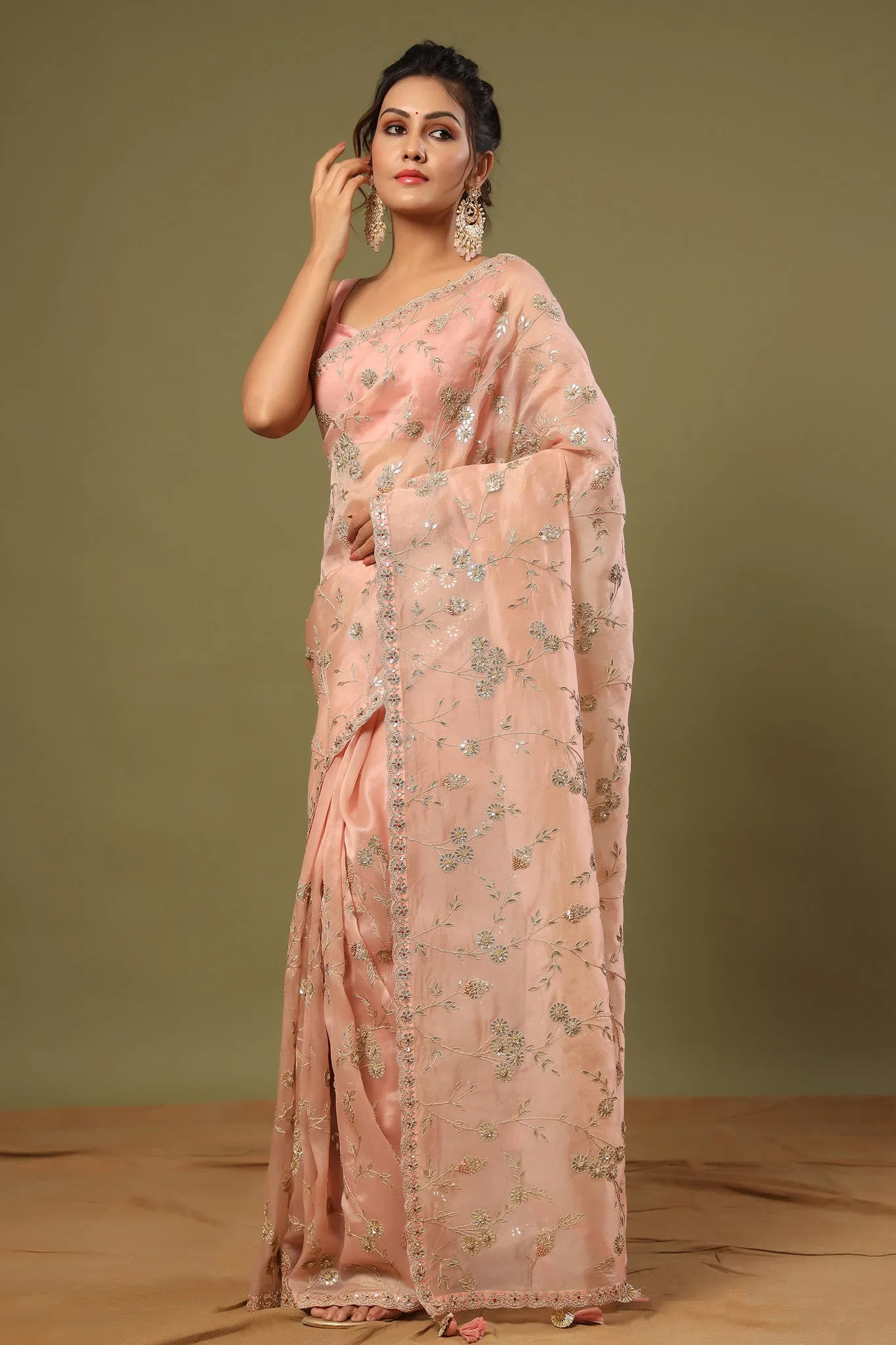 90Z482-RO Dusty Pink Embroidered Organza Saree