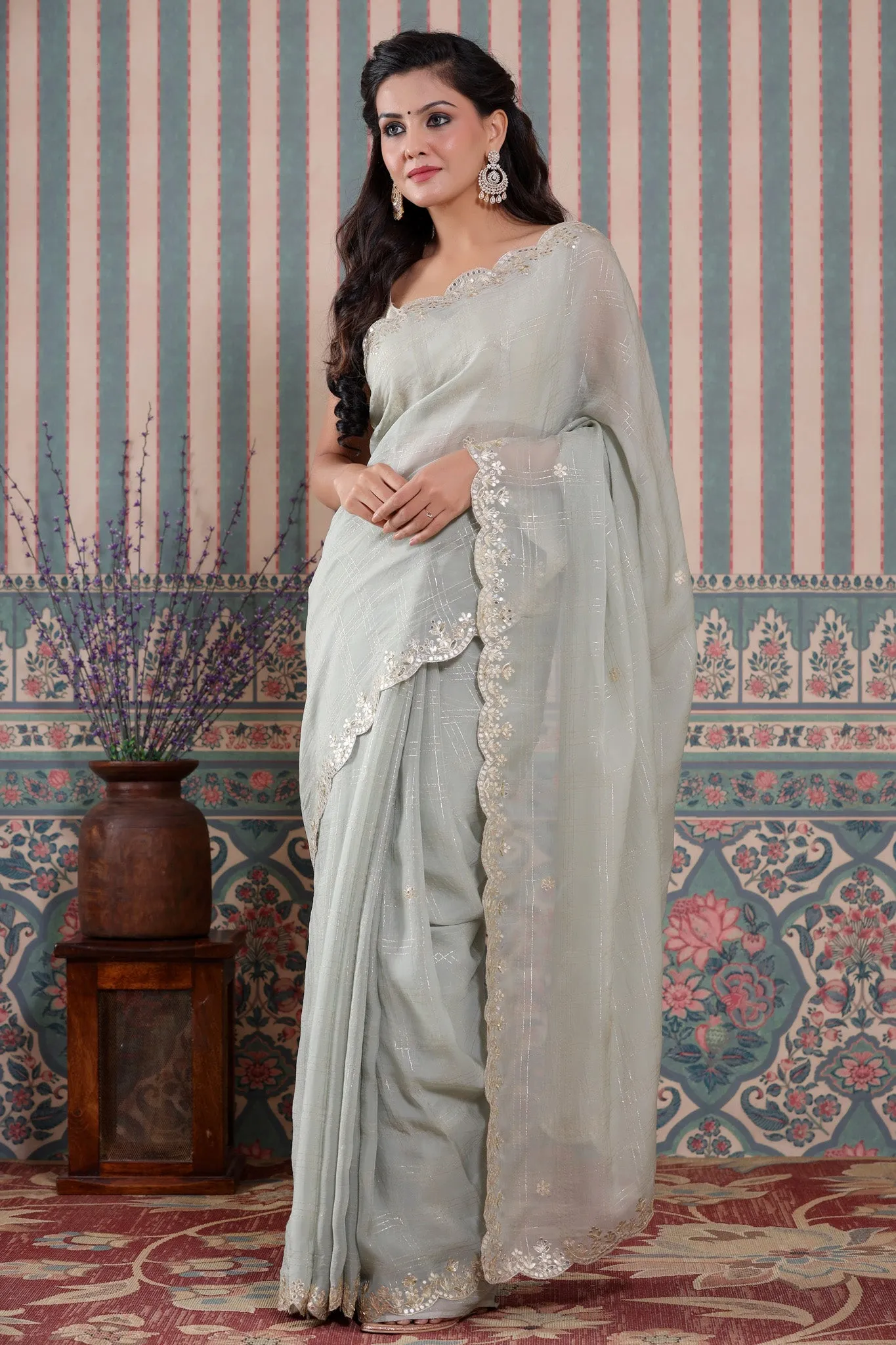 90Z504-NRO Light Grey Check Organza Silk Saree with Embroidered Border