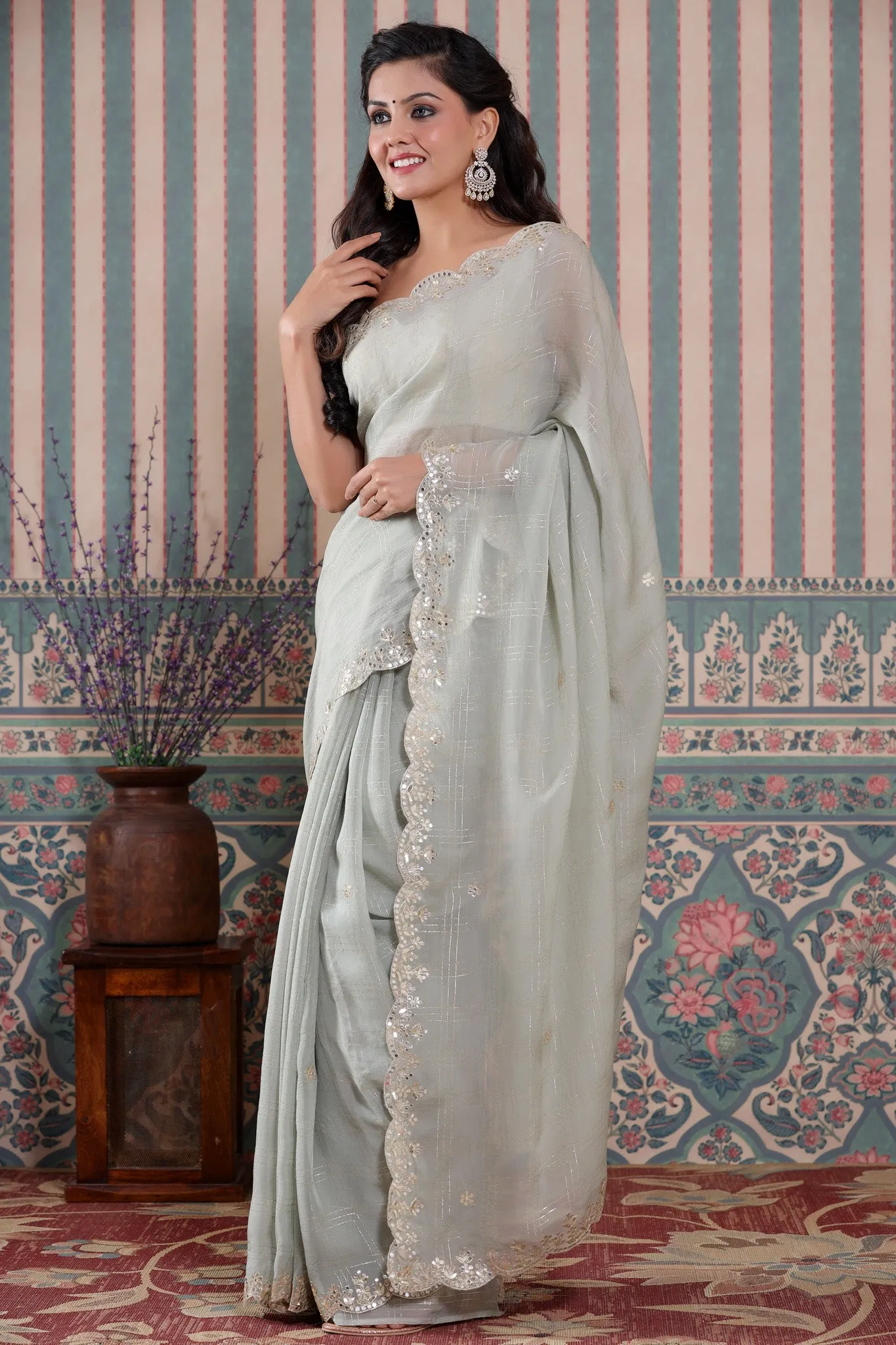 90Z504-NRO Light Grey Check Organza Silk Saree with Embroidered Border