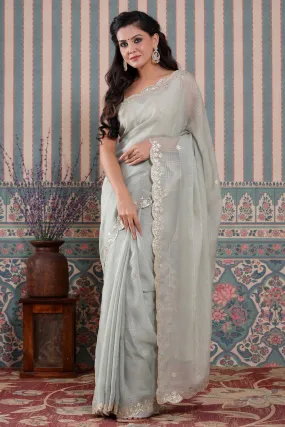 90Z504-NRO Light Grey Check Organza Silk Saree with Embroidered Border