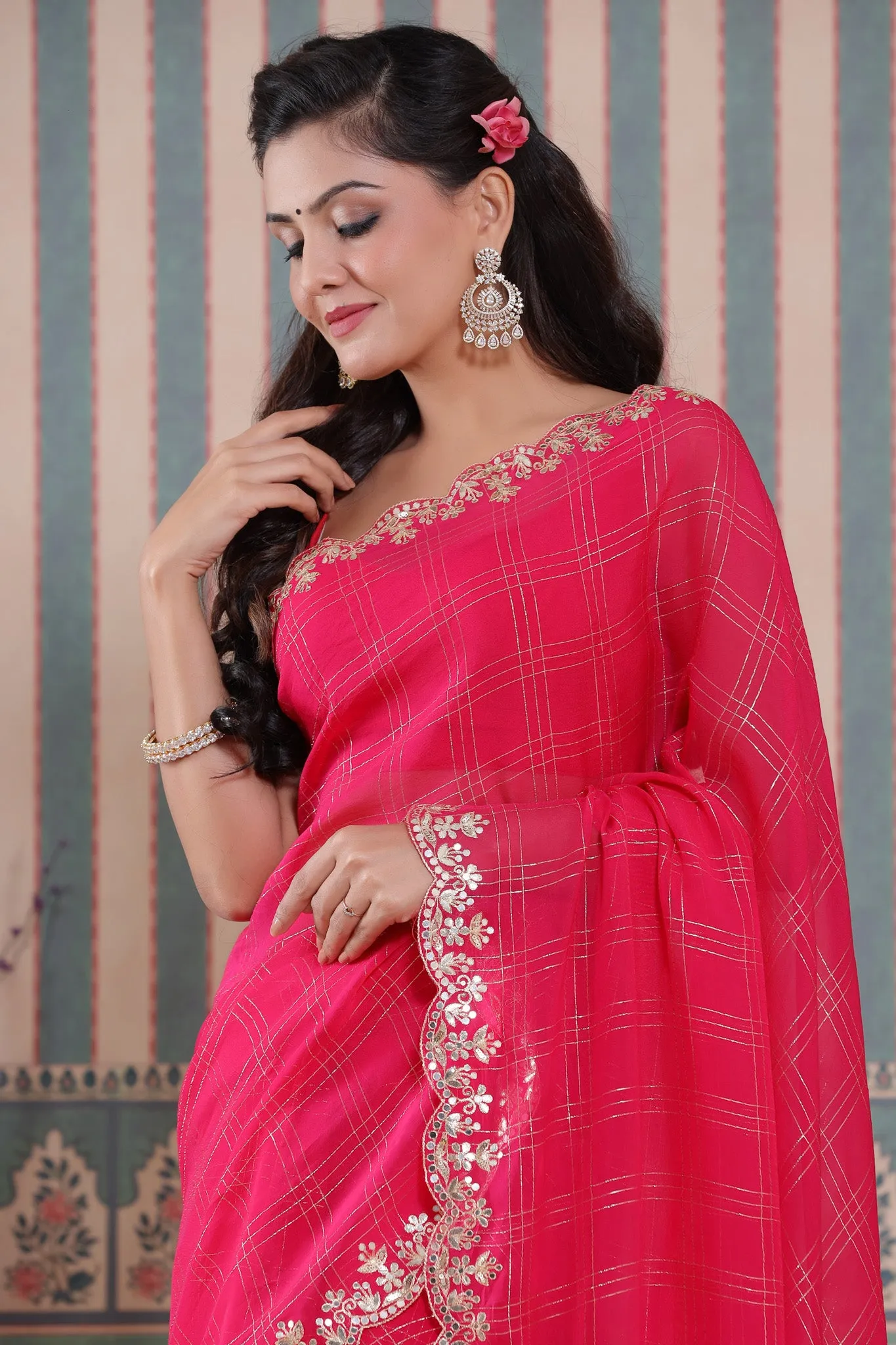 90Z505-NRO Pink Check Organza Silk Saree with Embroidered Border