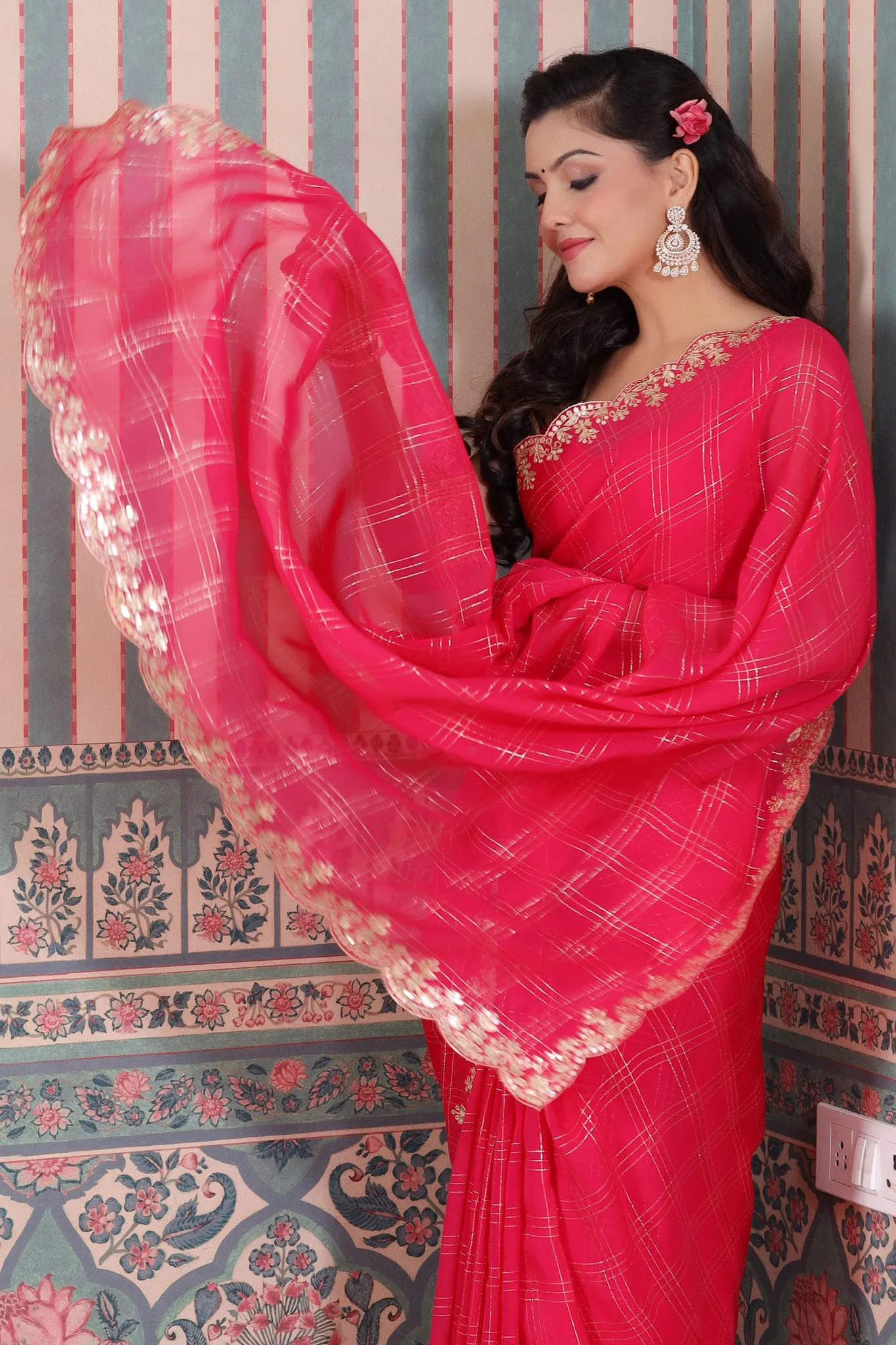 90Z505-NRO Pink Check Organza Silk Saree with Embroidered Border