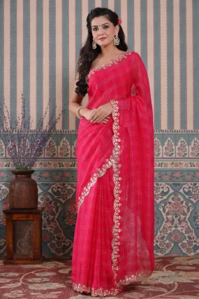 90Z505-NRO Pink Check Organza Silk Saree with Embroidered Border