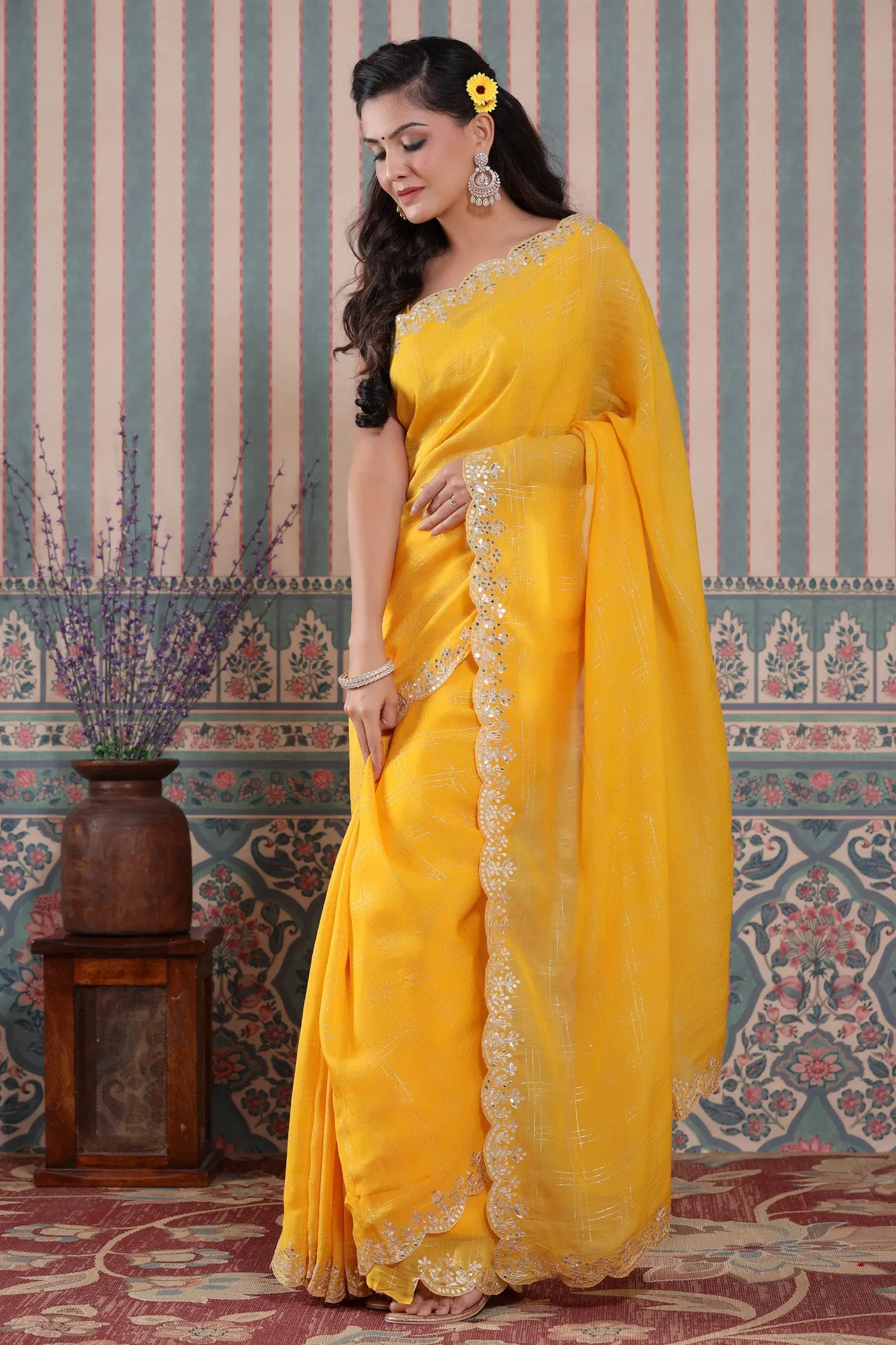 90Z506-NRO Yellow Check Organza Silk Saree with Embroidered Border