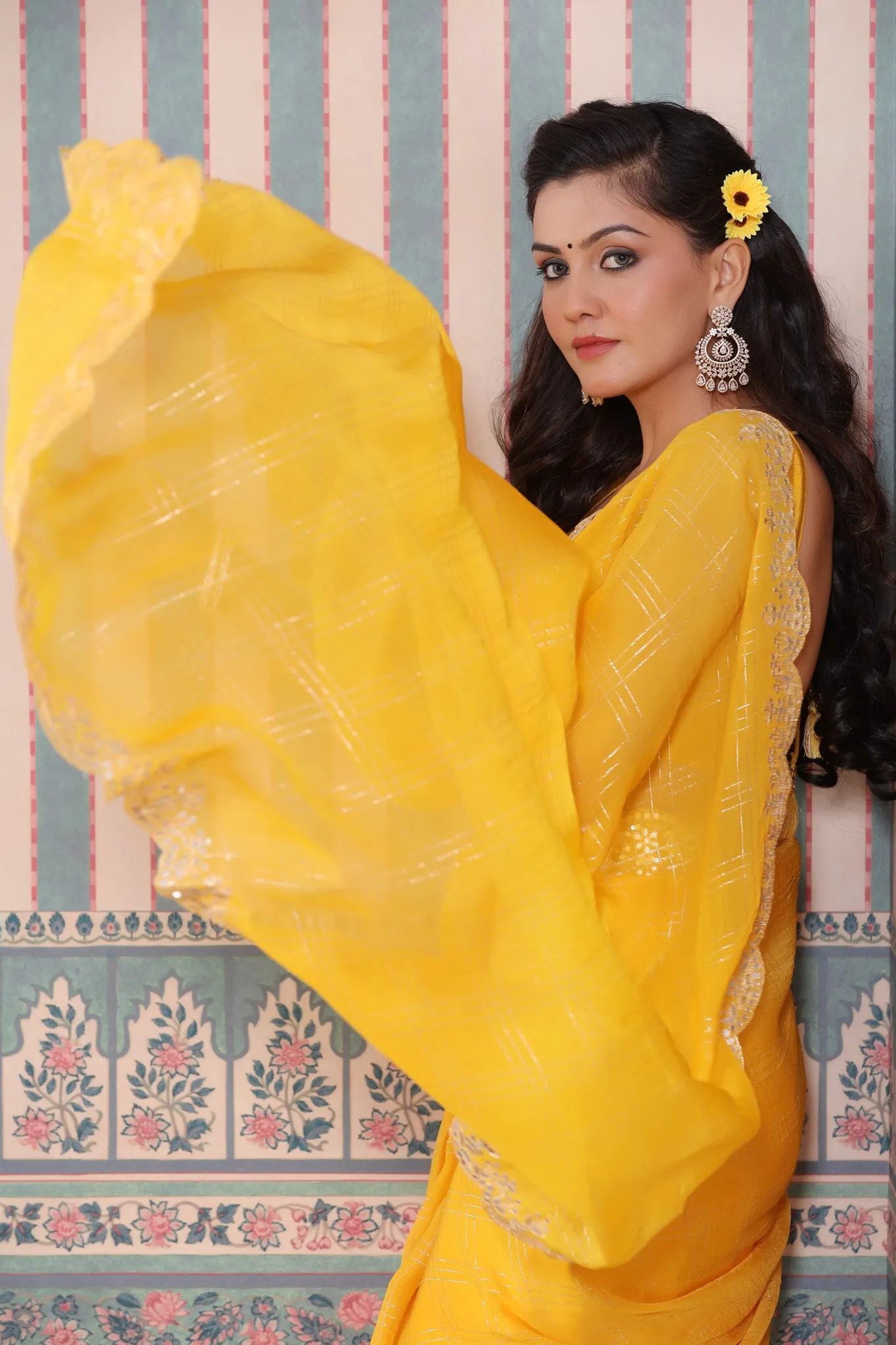 90Z506-NRO Yellow Check Organza Silk Saree with Embroidered Border