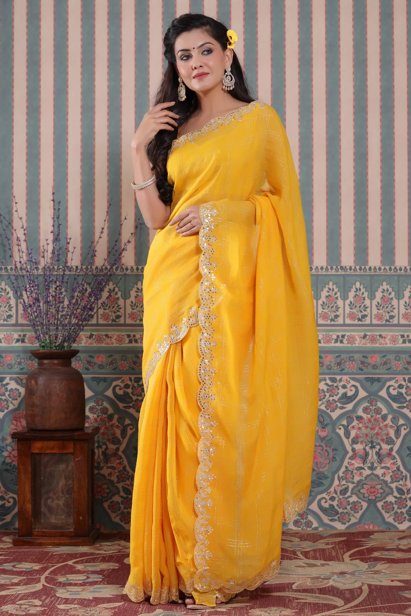 90Z506-NRO Yellow Check Organza Silk Saree with Embroidered Border