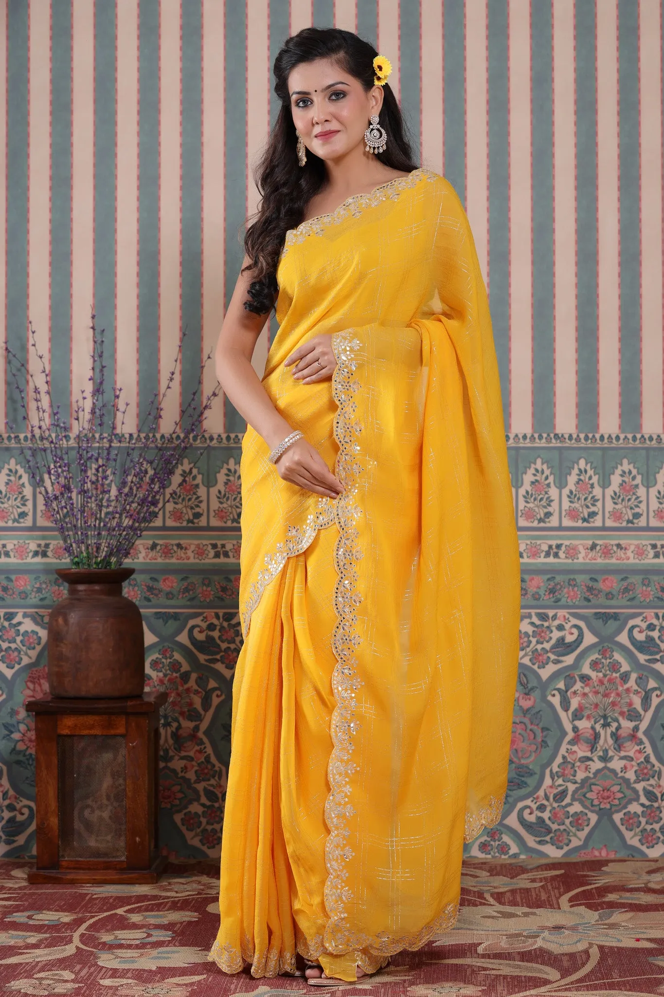 90Z506-NRO Yellow Check Organza Silk Saree with Embroidered Border