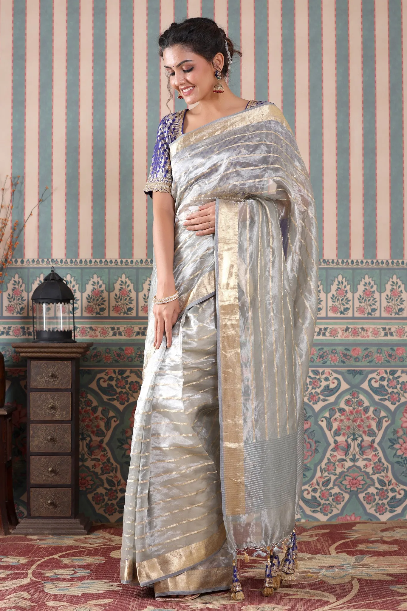 90Z542-RO Grey Striped Tissue Silk Saree with Blue Saree Blouse