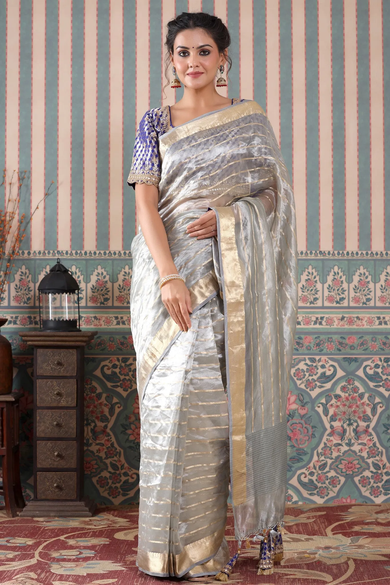 90Z542-RO Grey Striped Tissue Silk Saree with Blue Saree Blouse