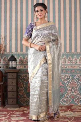 90Z542-RO Grey Striped Tissue Silk Saree with Blue Saree Blouse