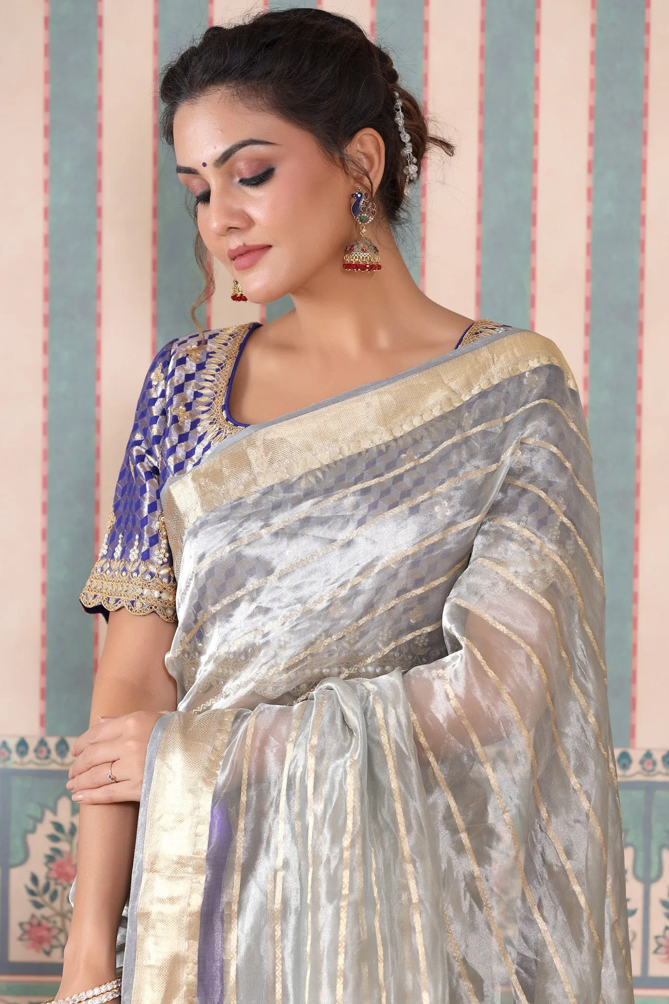 90Z542-RO Grey Striped Tissue Silk Saree with Blue Saree Blouse