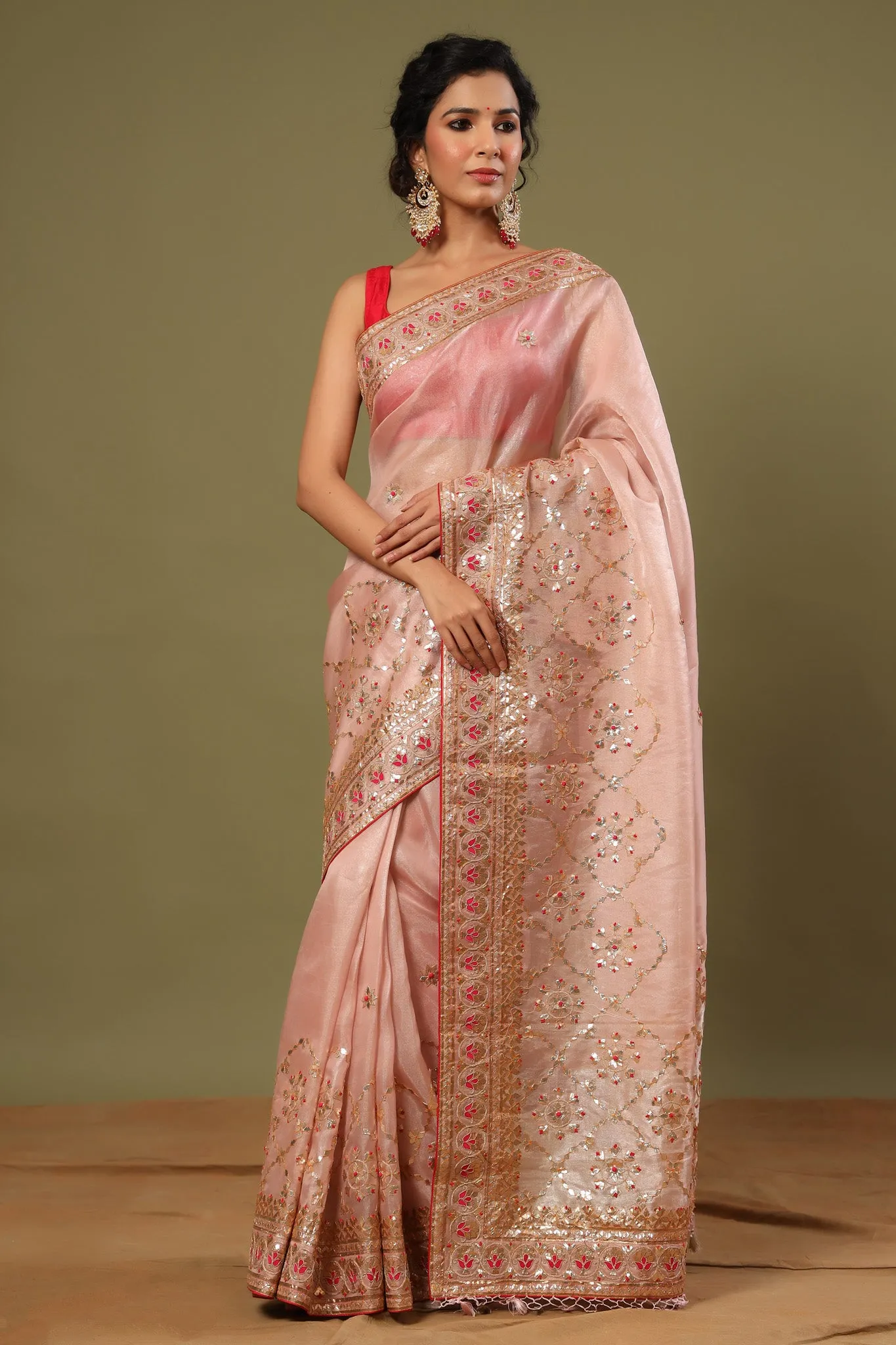 90Z555-RO Light Pink Hand Embroidery Organza Saree