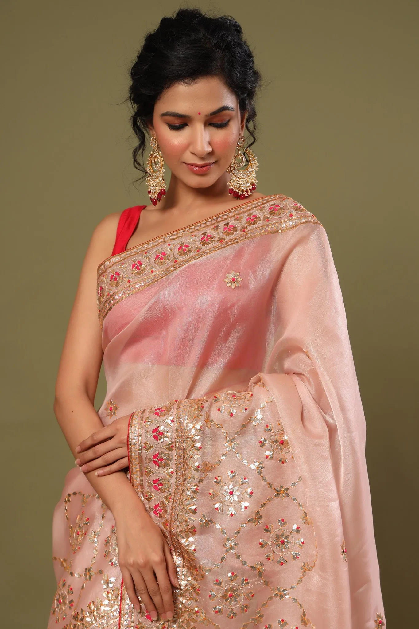 90Z555-RO Light Pink Hand Embroidery Organza Saree