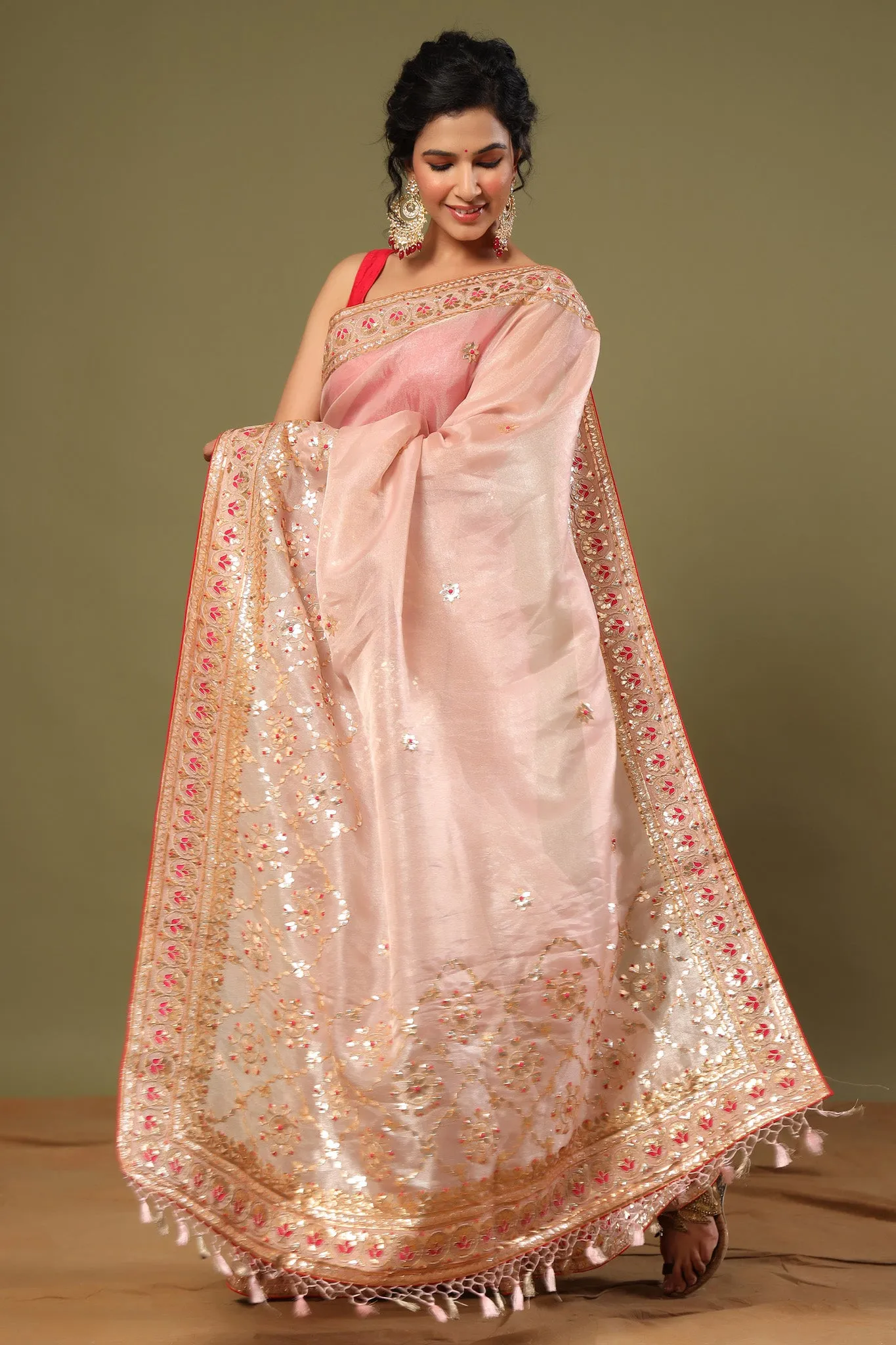 90Z555-RO Light Pink Hand Embroidery Organza Saree