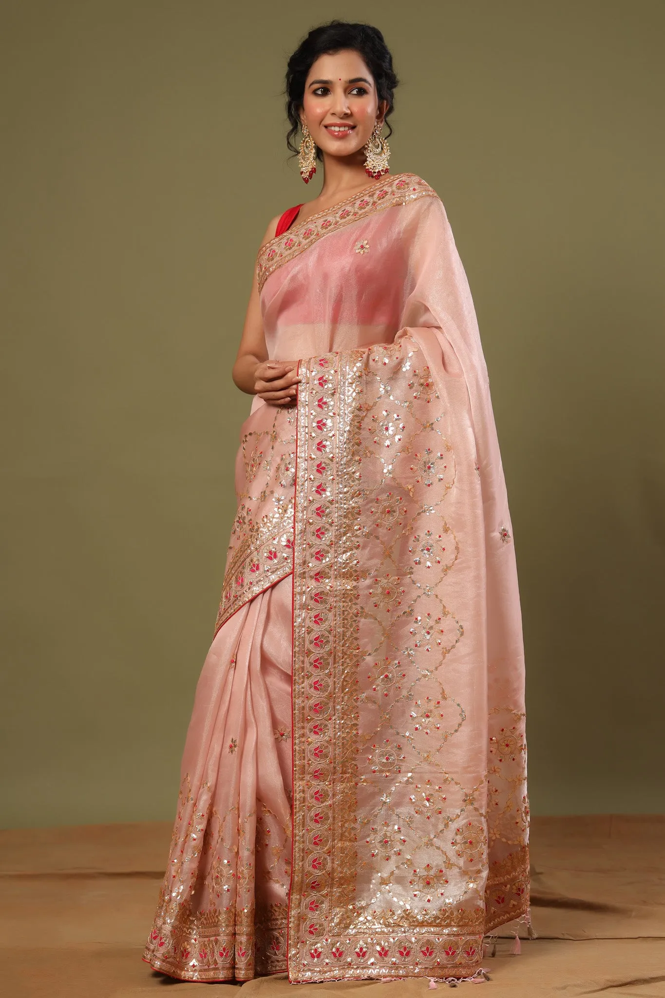 90Z555-RO Light Pink Hand Embroidery Organza Saree