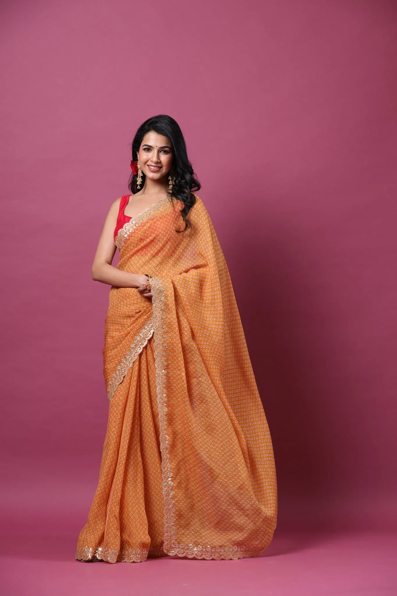 90Z563-RO Orange Printed Organza Saree with Embroidered Border