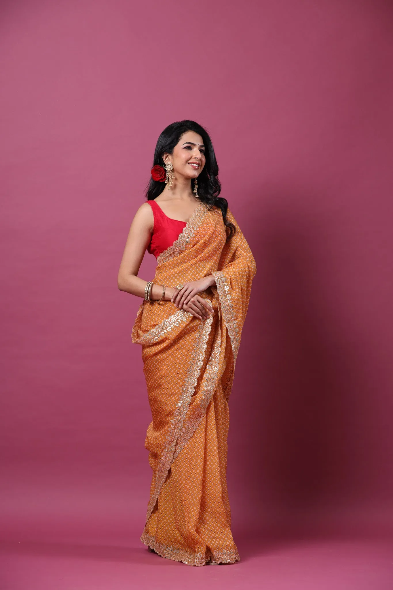 90Z563-RO Orange Printed Organza Saree with Embroidered Border