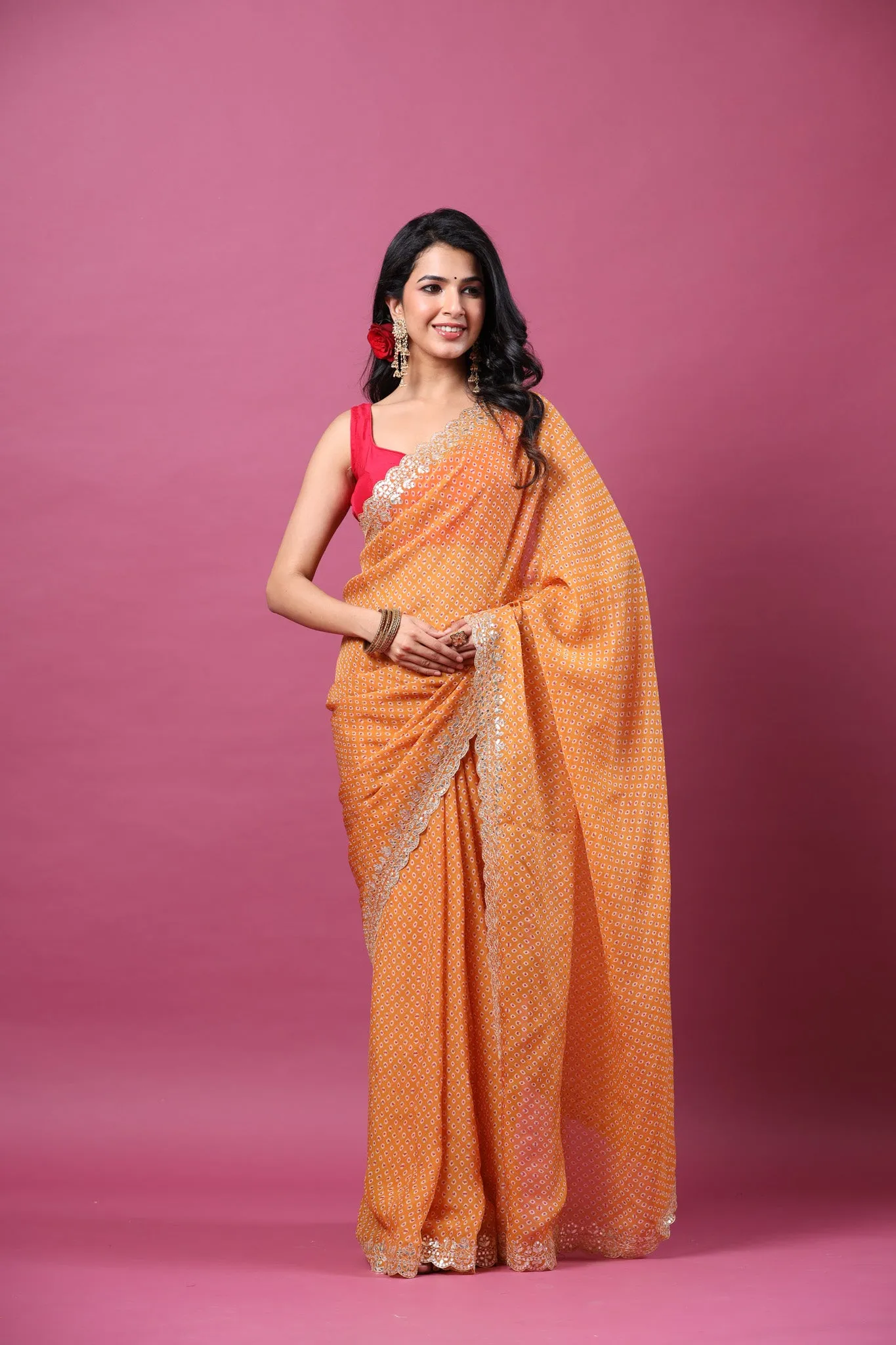 90Z563-RO Orange Printed Organza Saree with Embroidered Border