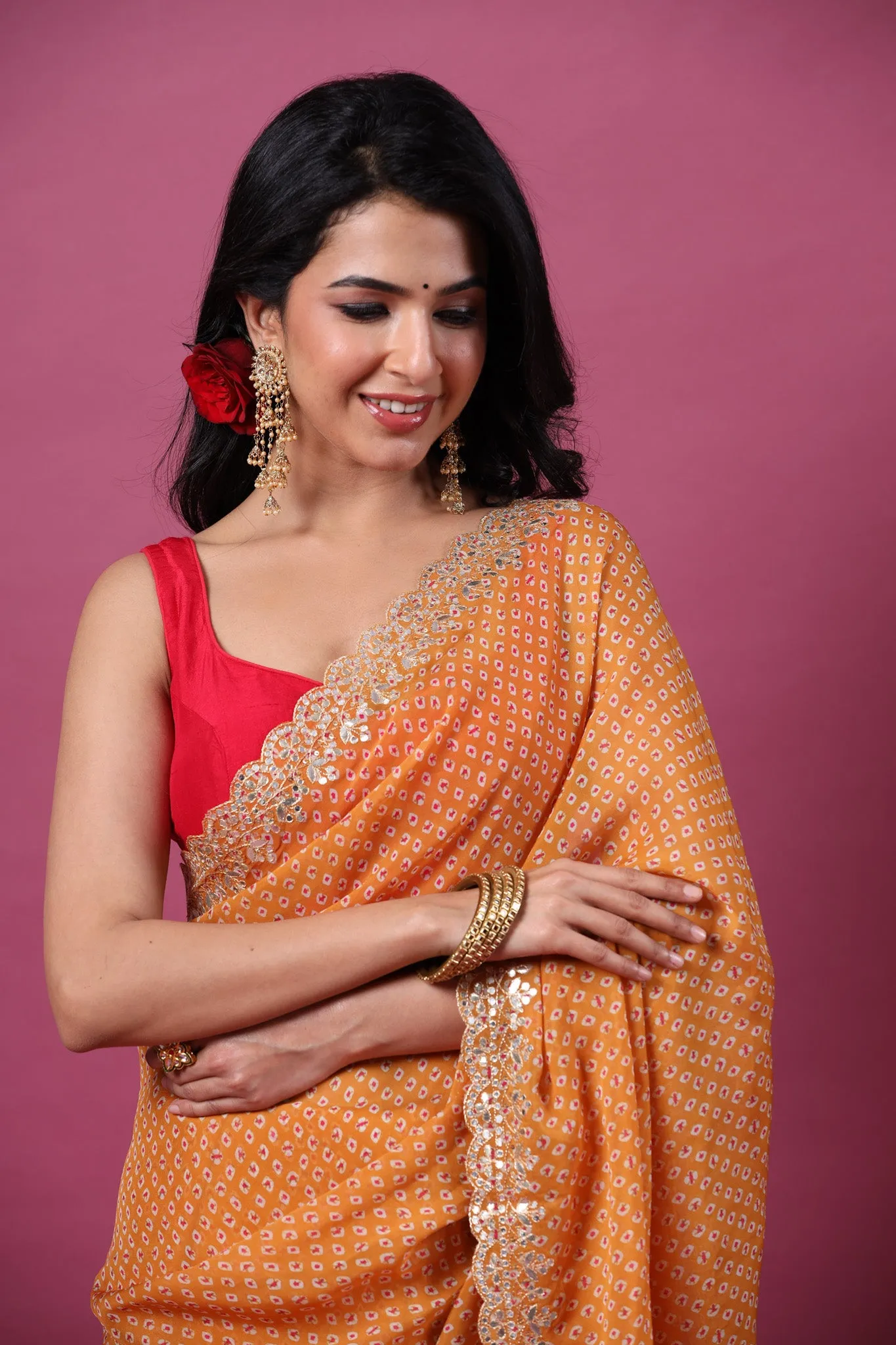 90Z563-RO Orange Printed Organza Saree with Embroidered Border